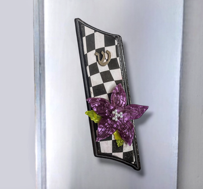 Purple flower decoupage mezuzah — black and white paper on wood | Judaica Square Lakewood