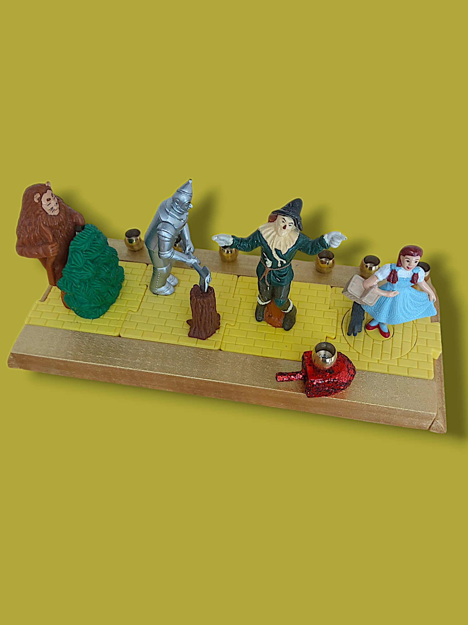 Wizard of Oz menorah — spinning repurposed Oz figures with ruby dreidel and brass cups | Judaica Square Lakewood (view 3)