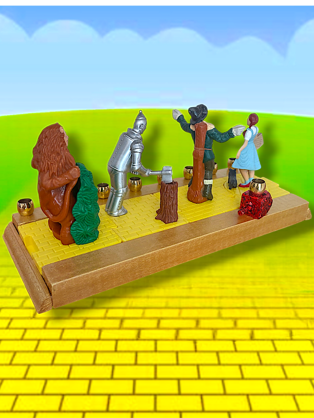 Wizard of Oz menorah — spinning repurposed Oz figures with ruby dreidel and brass cups | Judaica Square Lakewood (view 6)