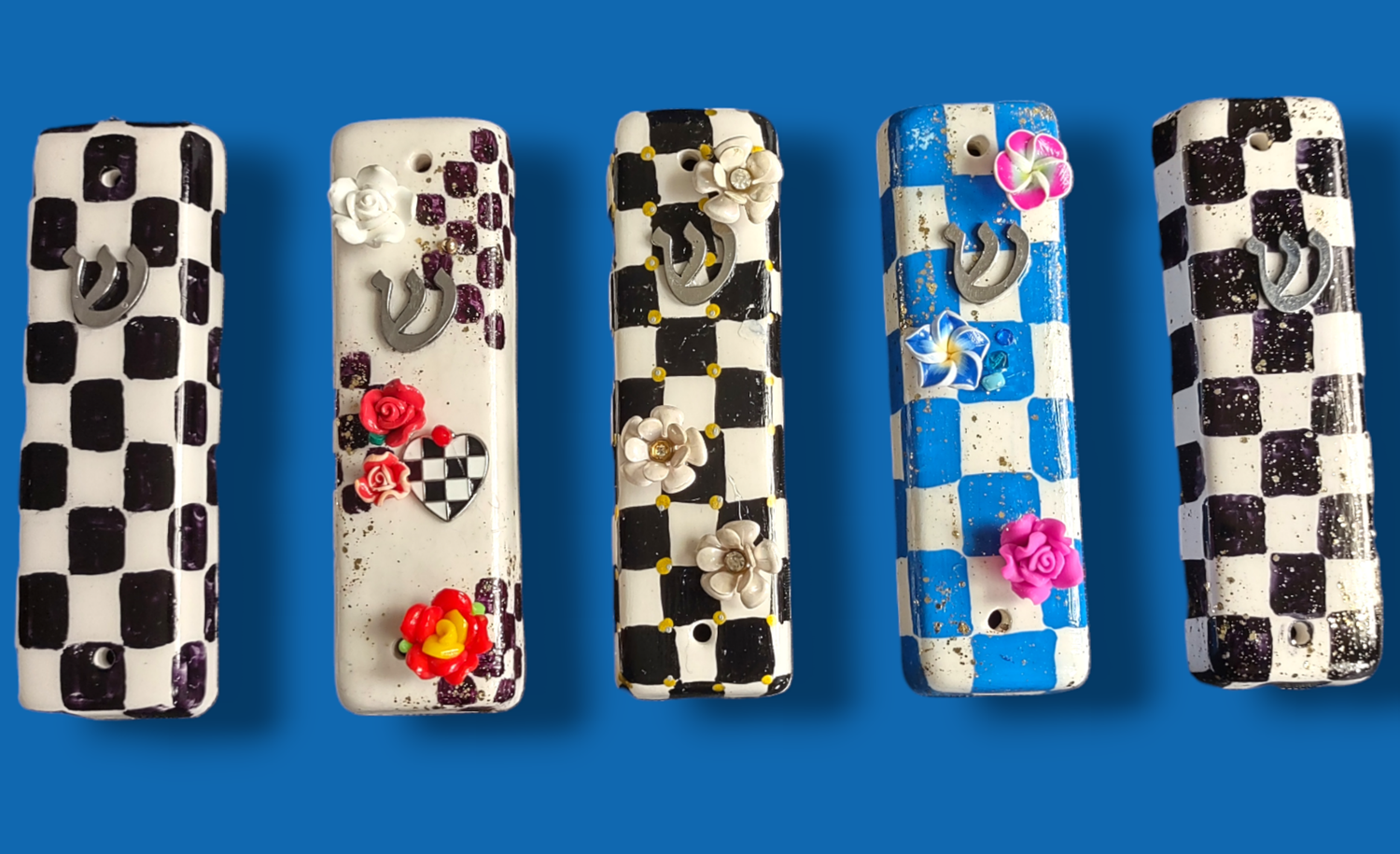 Checkerboard mezuzah case with accents — vintage flower, pansy and gold crown options | Judaica Square Lakewood (view 13)