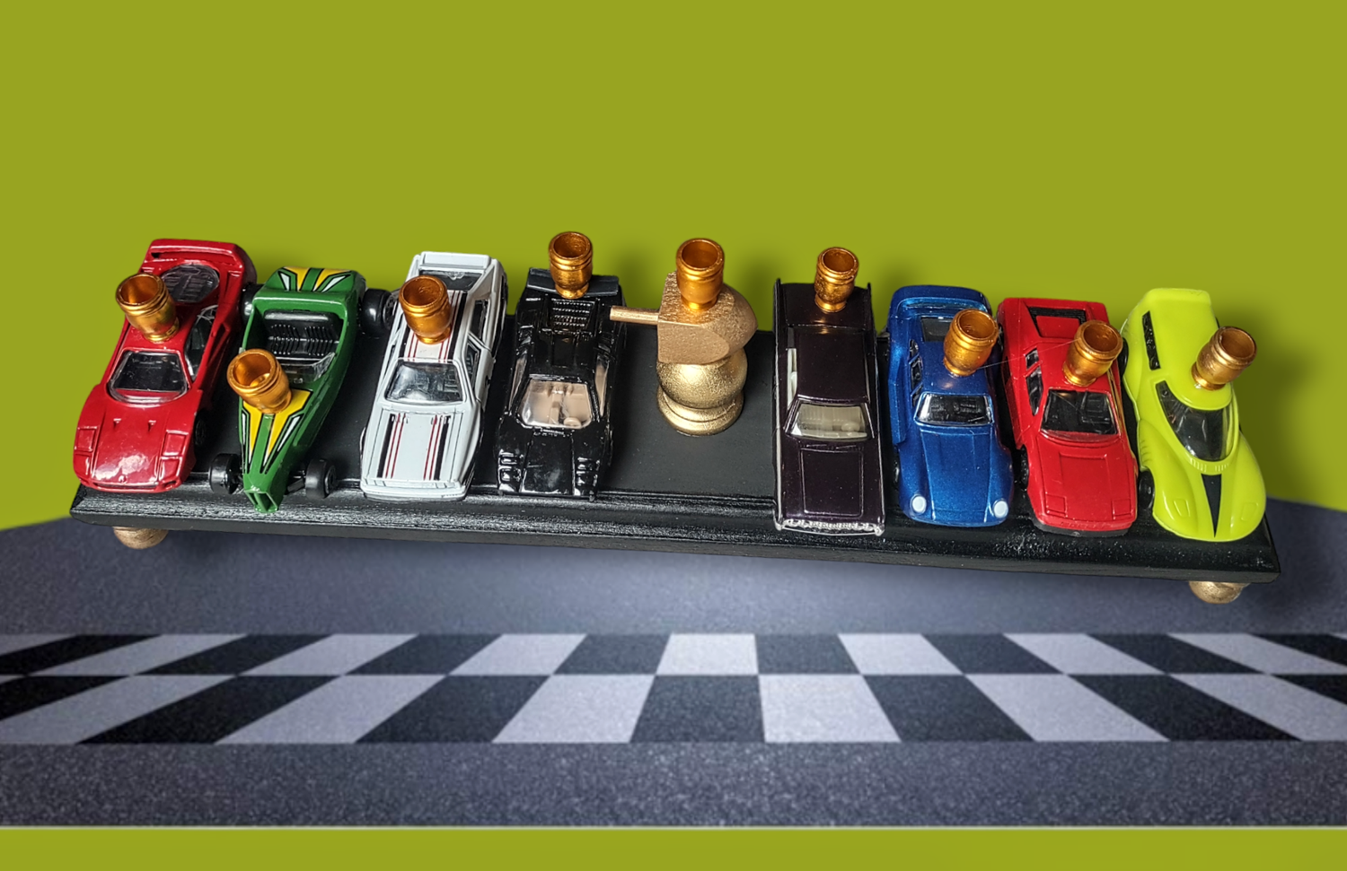 Hot Wheels menorah — die-cast toy cars on wood plaque with gold dreidel trophy | Judaica Square Lakewood (view 2)