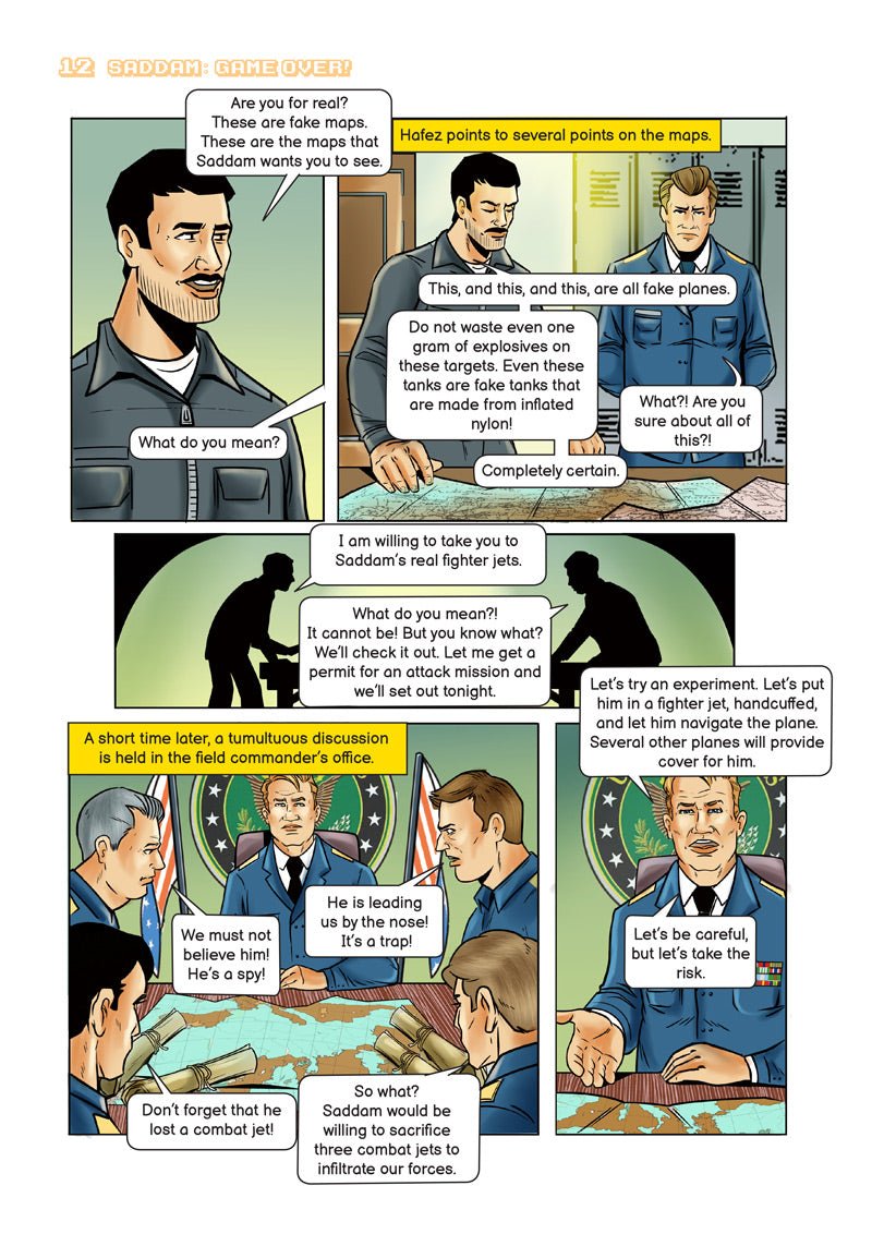 Comic panel page — Saddam assigns a man to train as a fighter pilot