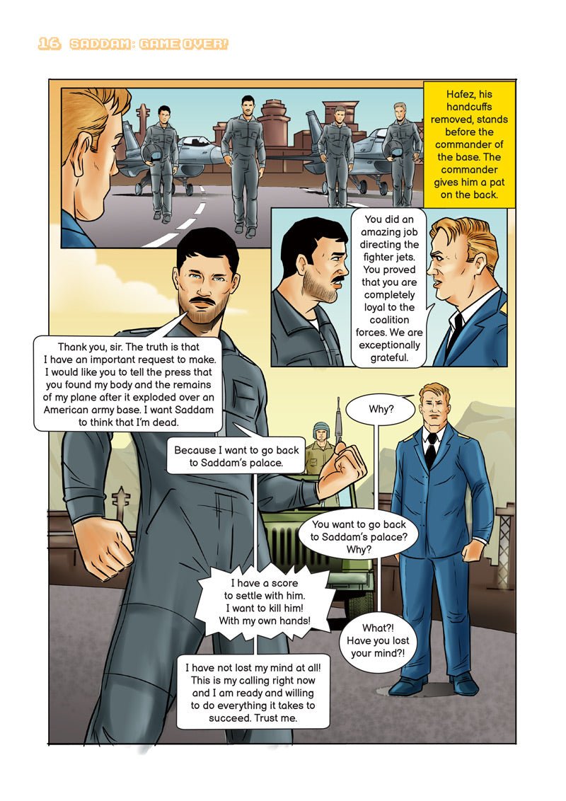 Comic panel page — an officer reports back to Saddam after the bombing mission