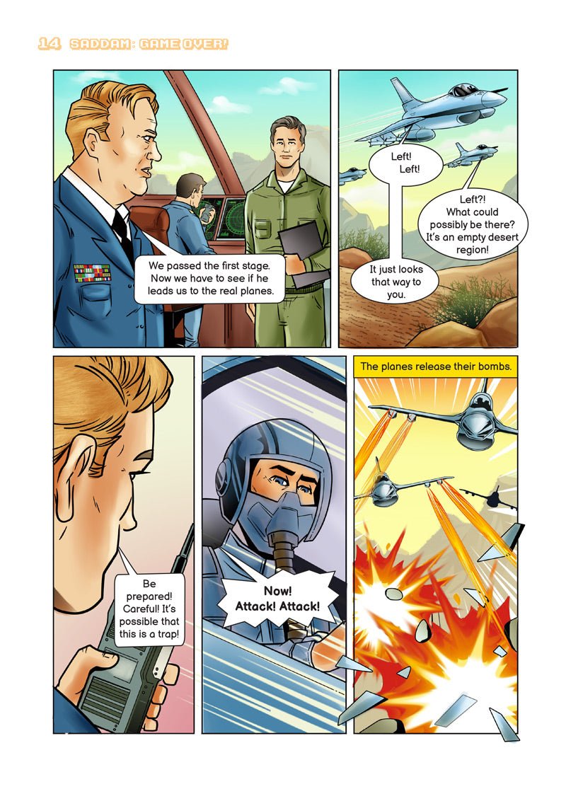 Comic panel page — pilots discuss dropping bombs on an Iraqi military airport