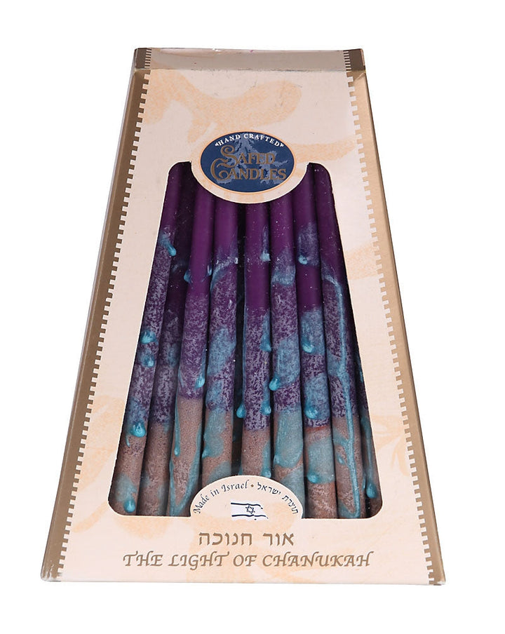 Safed Candles box of purple, aqua and beige handcrafted Chanukah candles