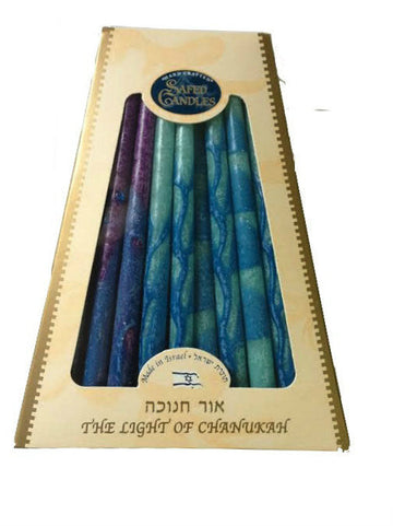 Safed Candles box of blue and purple handcrafted Chanukah candles