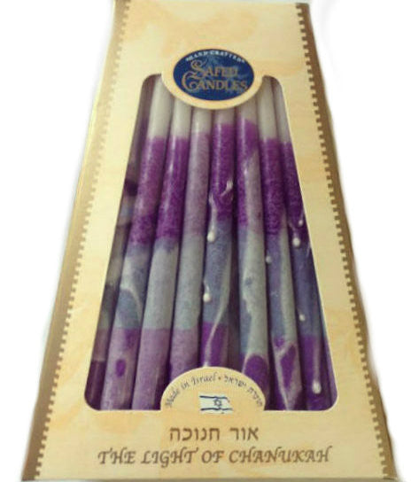 Safed Candles box of purple and white handcrafted Chanukah candles
