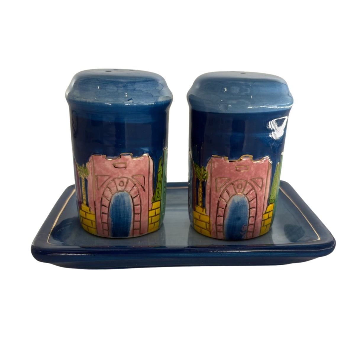 Salt and Pepper Shakers with Tray, Karshi Ceramic, Jerusalem, Colored, side angle view
