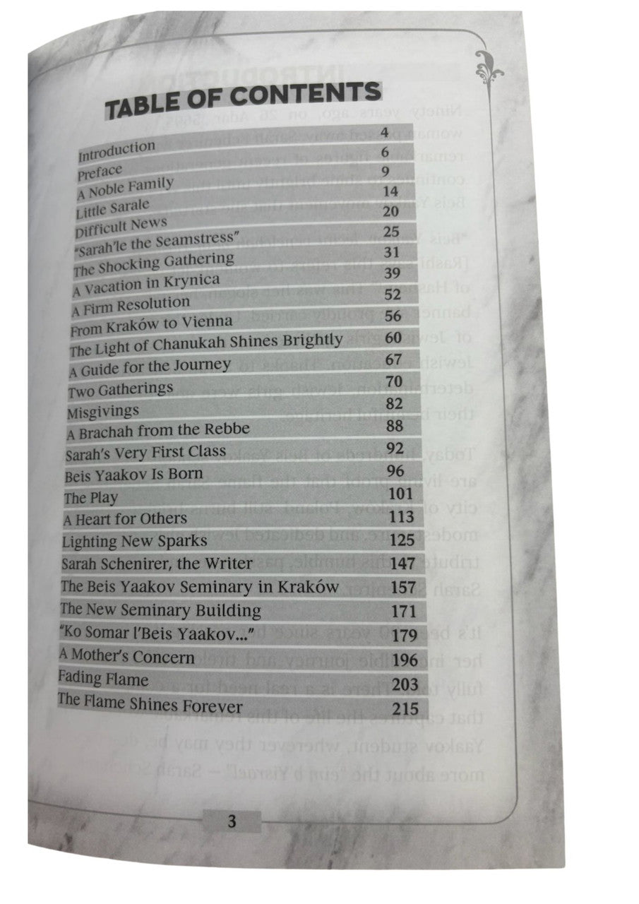 Sarah Schenirer Biography by Leah Esther Zusman, close up of table of contents