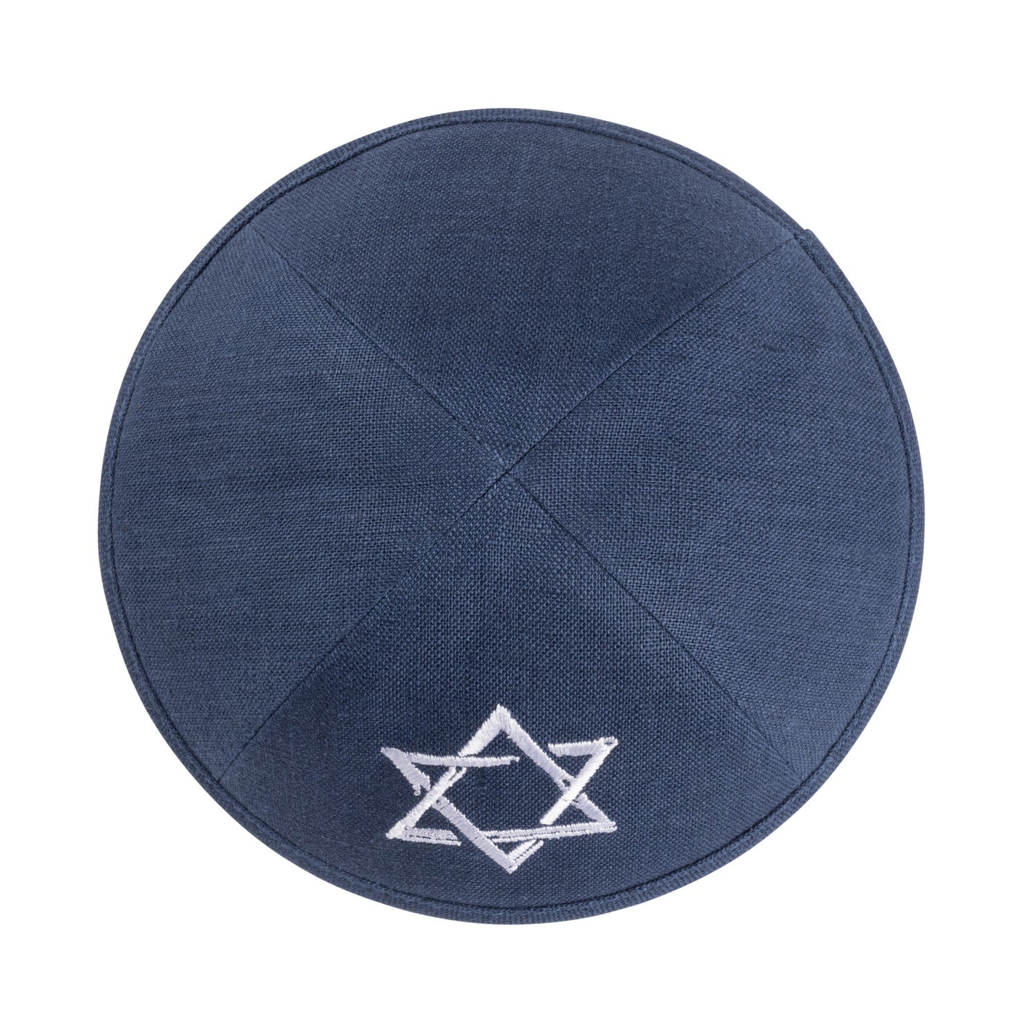 Navy Linen Kippah - showing Israeli flag accent, six-panel construction