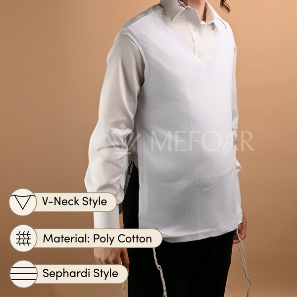 Sephardi-style undershirt tzitzis with V-neck and one-hole corners