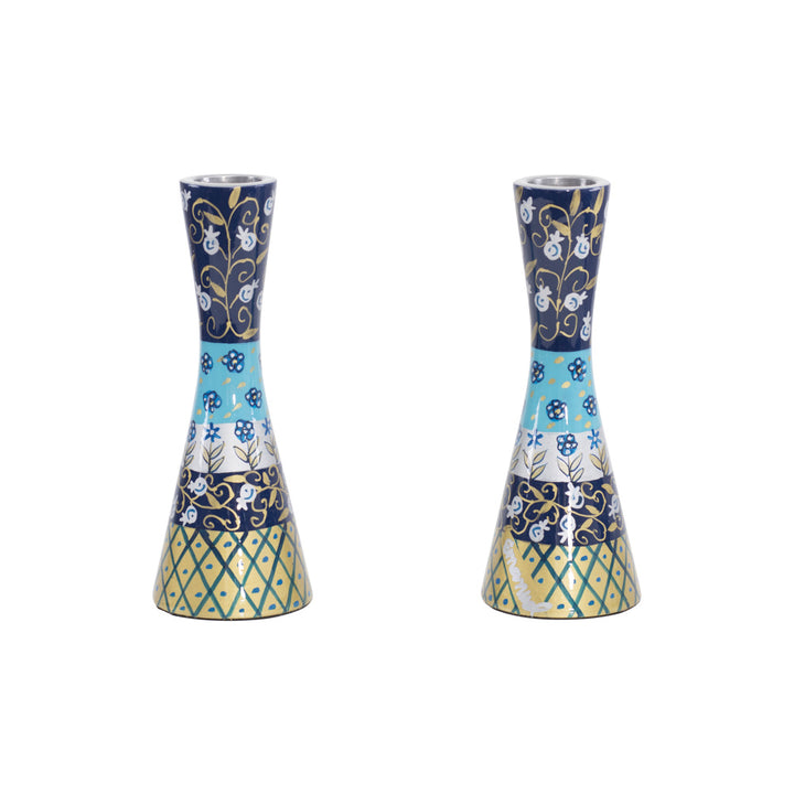 Shabbat Candlesticks, Hand Painted Blue Layers, 5.7 in, front view