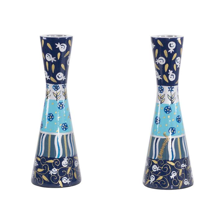 Shabbat Candlesticks, Hand Painted Blue Layers, 7 in, front view