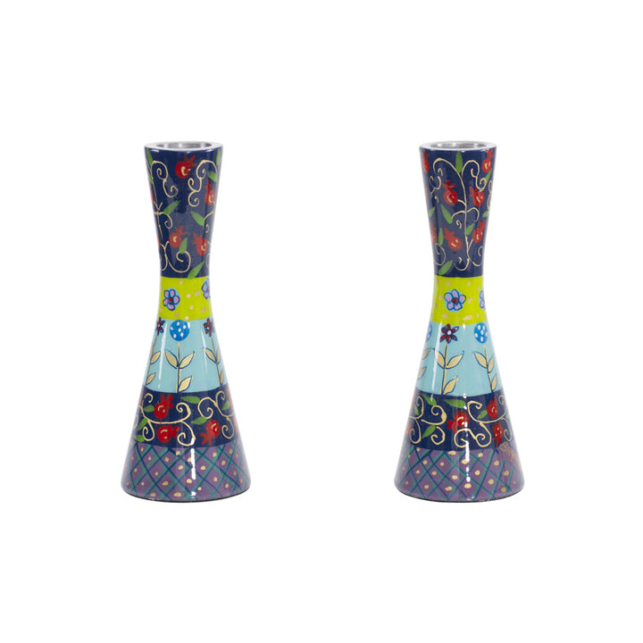 Shabbat Candlesticks, Multicolor Hand Painted, 5.7 in, front view