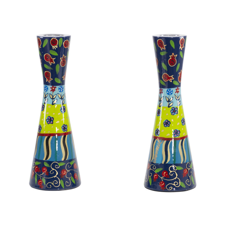 Shabbat Candlesticks, Multicolor Hand Painted, 7 in, front view