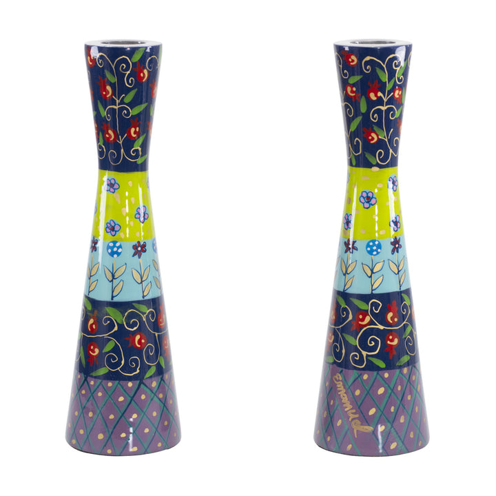 Shabbat Candlesticks, Multicolor Hand Painted, 8.5 in, front view