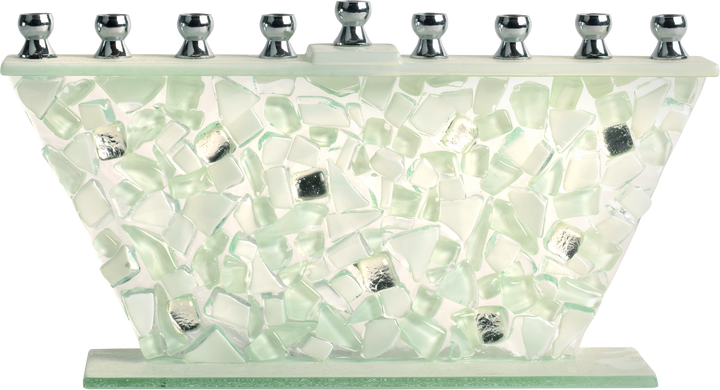 Shattered glass menorah of white and clear shards