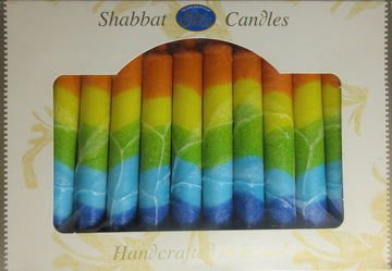 12 Tapered Israeli Shabbat Candles-Orange Yellow Green Blue