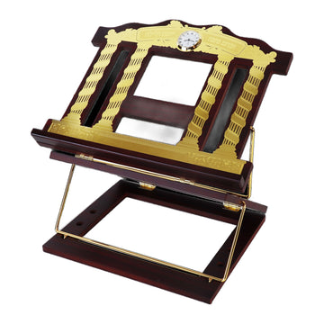 Shtender Book Stand, Two Tone Wood, Gold Pillar Plate and Clock, angled view