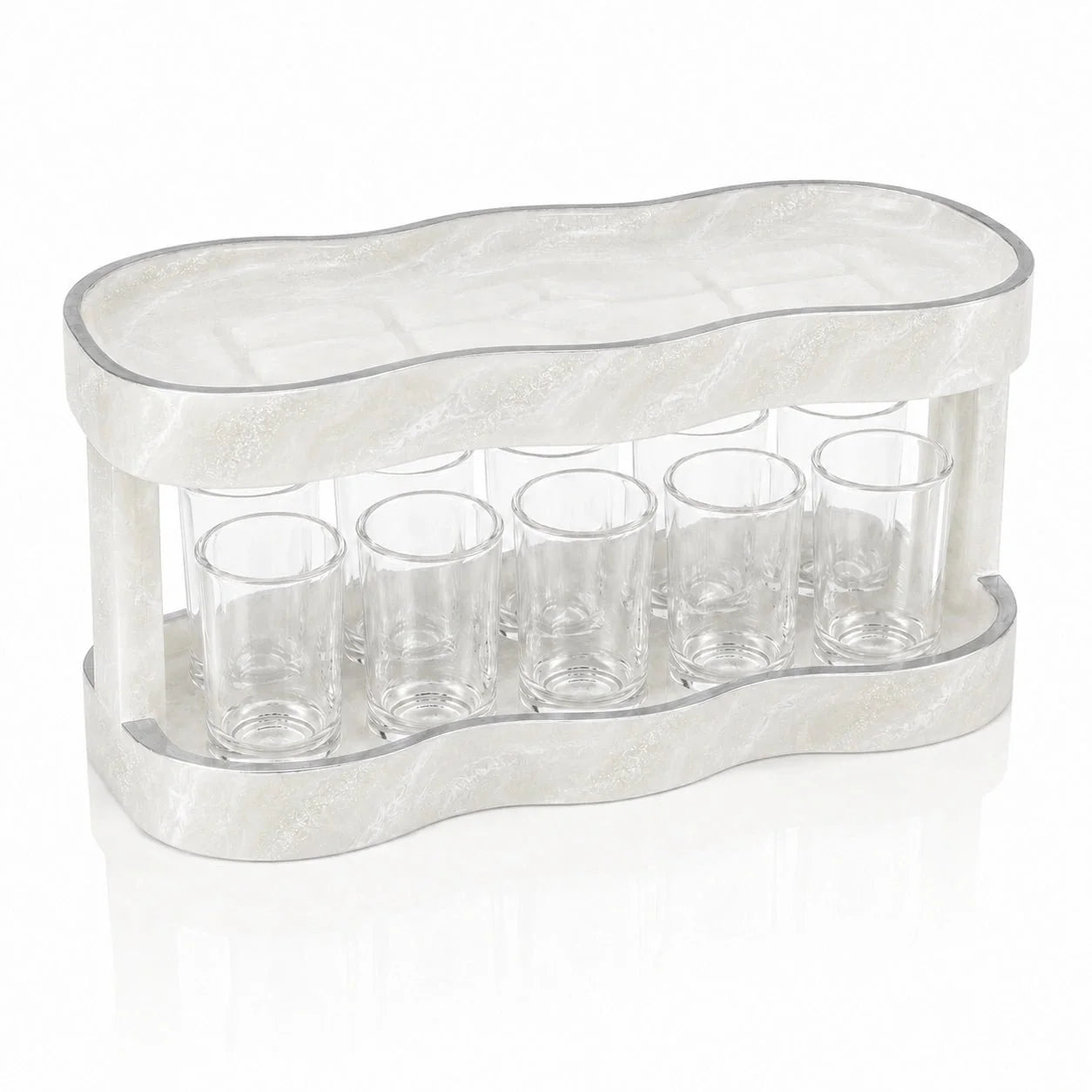 Silver curved resin Kiddush fountain with ten acrylic cups