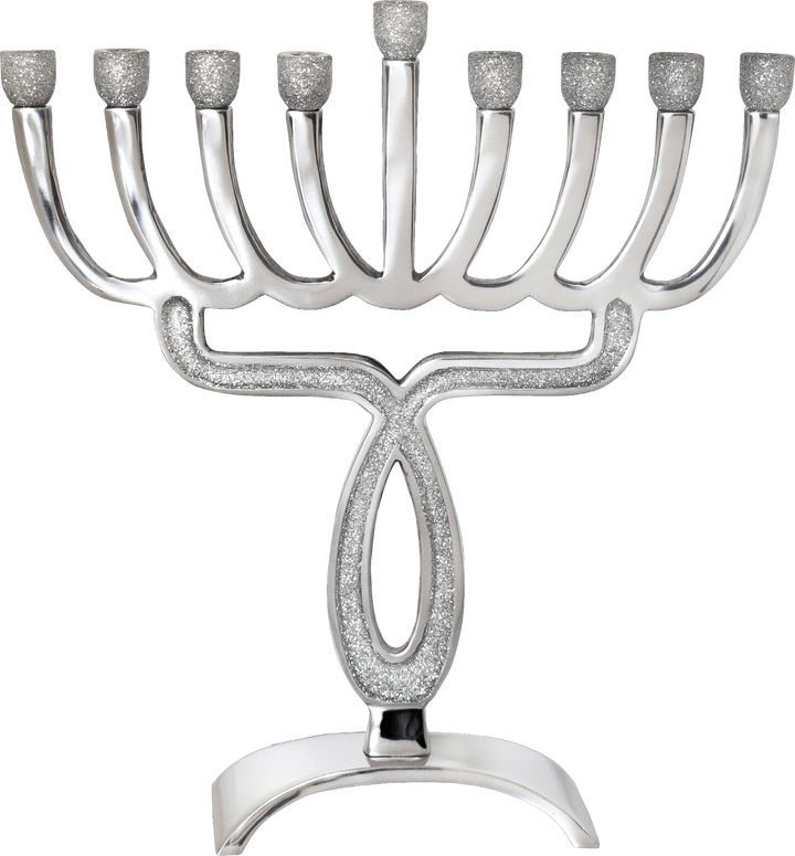 Silver glitter-finish aluminum menorah with eight curved branches and a raised shamash