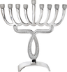 Silver glitter-finish aluminum menorah with eight curved branches and a raised shamash