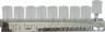 Silver-tone oil menorah bar with Hebrew lettering holding nine clear glass cups and a raised shamash