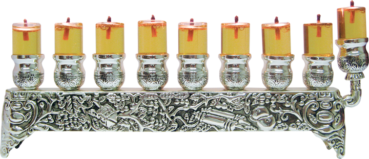 Low bench-style silver-plated oil menorah with decorated sides and lit glass cups in a row