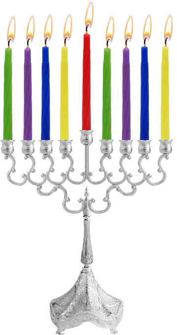 Silver-plated 8 inch candle menorah with colored candles on ornate arms and a footed base