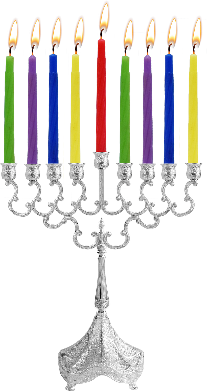 Silver-plated 8 inch candle menorah with colored candles on ornate arms and a footed base