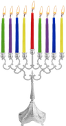 Silver-plated 8 inch candle menorah with colored candles on ornate arms and a footed base