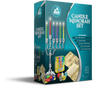 Boxed Ner Mitzvah candle menorah set with a silver-plated menorah, colored candles and dreidels