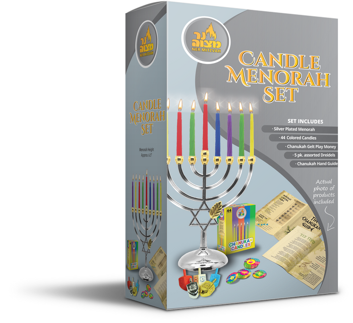 Ner Mitzvah silver-plated candle menorah set package with 44 candles, dreidels, play gelt, and guide