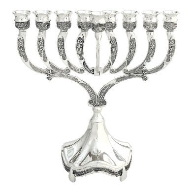 Silver plated Chanukah menorah with curved decorated branches