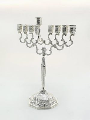 Silver-plated menorah with scrolled arms on a slim decorated column and a round scalloped base