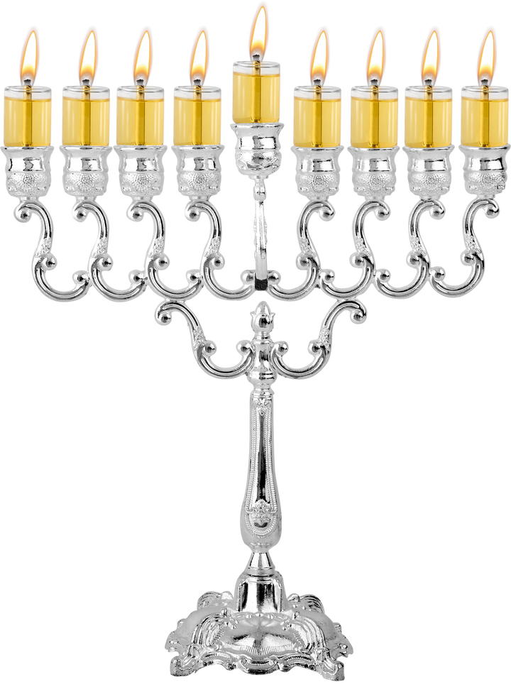 Mid-size silver-plated oil menorah with lit glass oil cups on scrolled arms