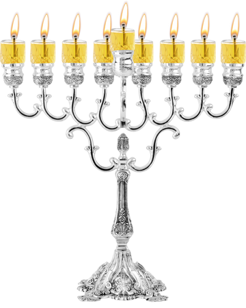 Silver-plated oil menorah with lit glass cups in a level row and an ornate stem and base
