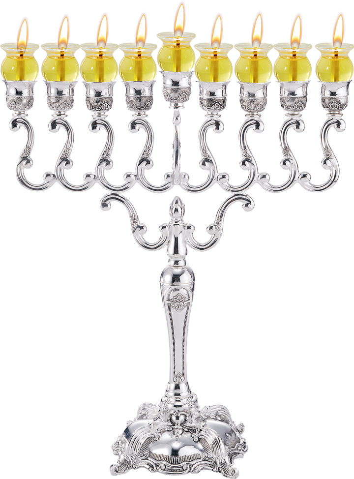 Silver-plated oil menorah, 14 inches tall, with lit glass oil cups on scrolled arms