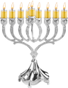 Silver-plated 9 inch oil menorah with lit glass oil cups on branched arms and a scalloped base