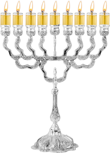 Wide silver-plated oil menorah with lit glass oil cups spaced along scrolled arms