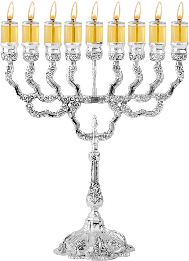 Wide silver-plated oil menorah with lit glass oil cups spaced along scrolled arms