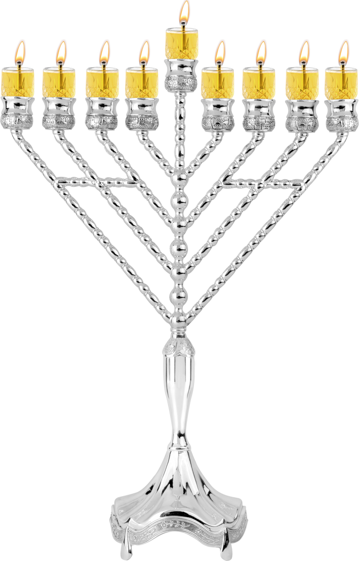 Silver-plated Rambam-style oil menorah with straight diagonal branches holding lit glass oil cups