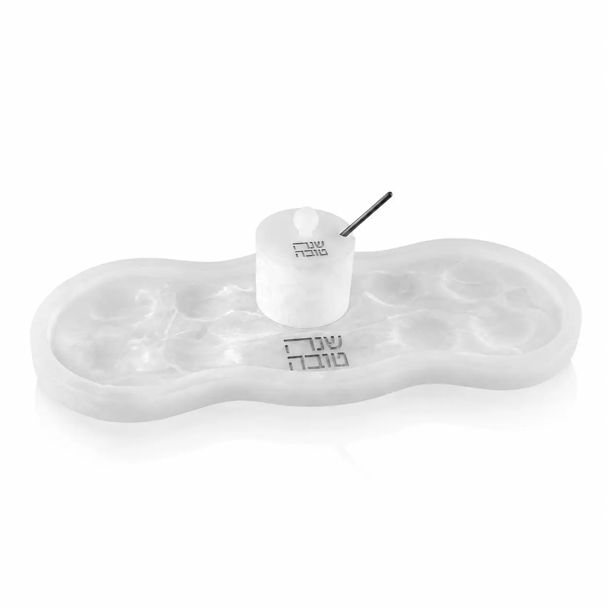 Second angle of the white marbled resin Simanim tray with honey dish and gold spoon