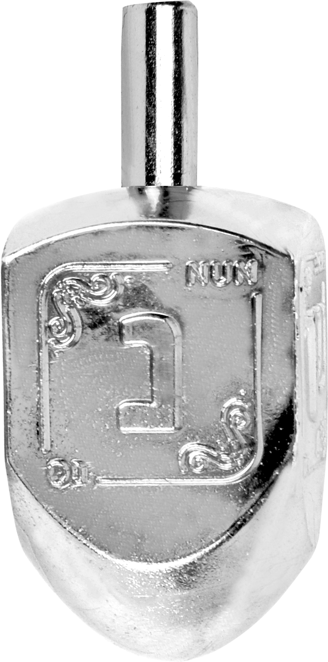 Close-up of a silver-tone Chanukah dreidel with embossed Hebrew letter nun and decorative corners