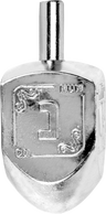 Close-up of a silver-tone Chanukah dreidel with embossed Hebrew letter nun and decorative corners