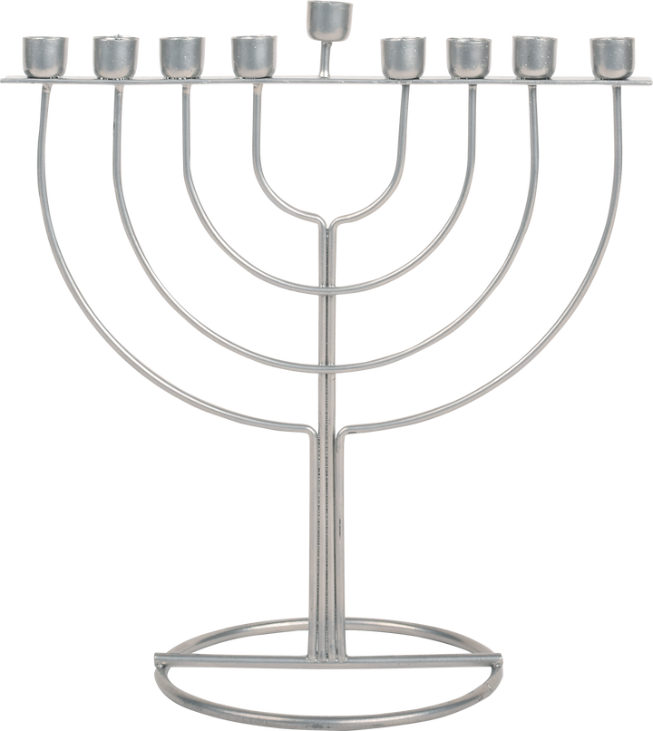 Silver open wireframe menorah with nested squared arms rising from a round base