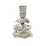 Silverplated filigree Kiddush wine fountain with a central pouring cup and six small cups