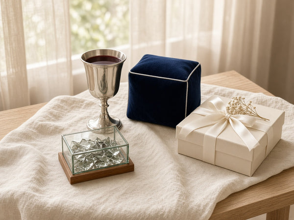 Simcha gifts: silver kiddush cup, wedding glass-breaking keepsake box with glass pieces, navy velvet tefillin bag and a ribbon-tied gift box
