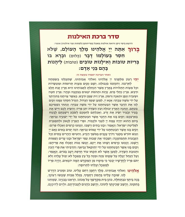 Simchonim folding Birkas HaIlanos card, opened to show the inside pages