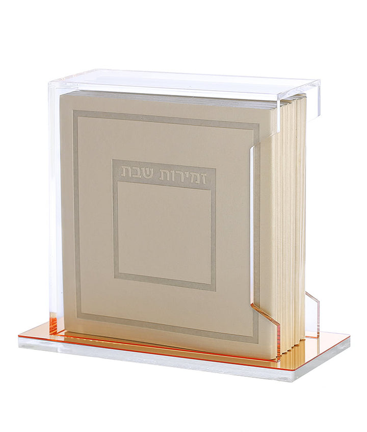 Simchonim Lucite stand holding Hadar model zemiros in cream